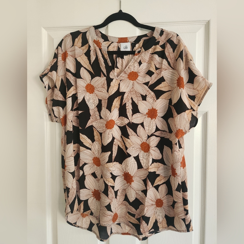 CAbi Black Floral Short Sleeve Blouse with Cream and Rust Flowers